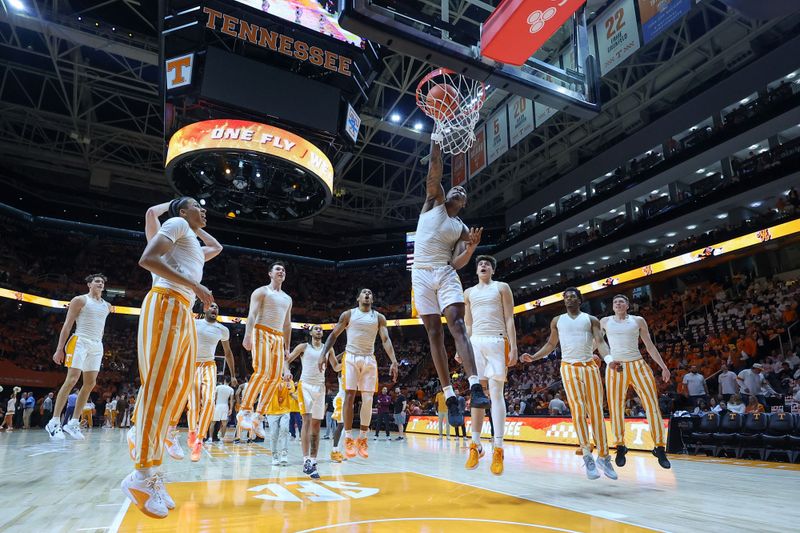 Feb 24, 2024; Knoxville, Tennessee, USA; The Tennessee Volunteers perform their One Fly We Fly routine before the game against the Texas A&M Aggies at Thompson-Boling Arena at Food City Center. Mandatory Credit: Randy Sartin-USA TODAY Sports