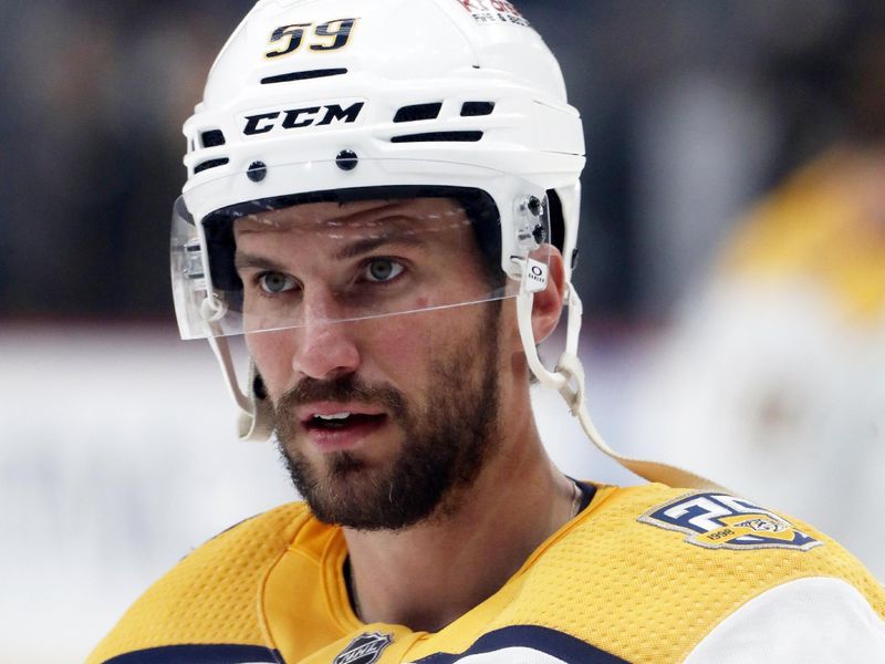 Apr 15, 2024; Pittsburgh, Pennsylvania, USA; Nashville Predators defenseman Roman Josi (59) warms up before the game against he Pittsburgh Penguins at PPG Paints Arena. Mandatory Credit: Charles LeClaire-USA TODAY Sports