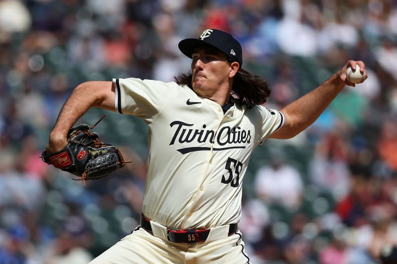 Apr 10, 2024; Minneapolis, Minnesota, USA; Minnesota Twins relief pitcher Kody Funderburk (55) delivers a pitch against the Los Angeles Dodgers during the fifth inning at Target Field. Mandatory Credit: Matt Krohn-USA TODAY Sports