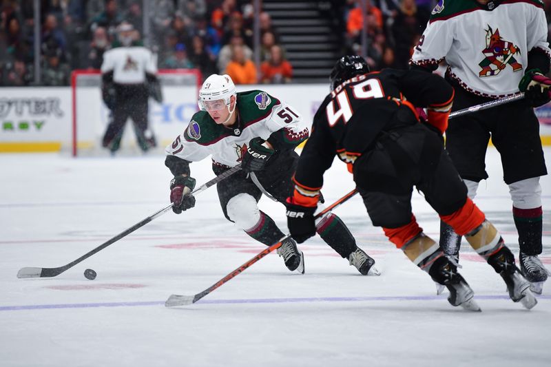 Nov 1, 2023; Anaheim, California, USA; Arizona Coyotes defenseman Troy Stecher (51) moves the puck against Anaheim Ducks left wing Max Jones (49) during the third period at Honda Center. Mandatory Credit: Gary A. Vasquez-USA TODAY Sports