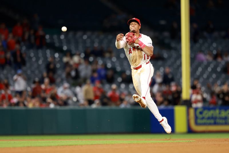 May 15, 2024; Anaheim, California, USA;  Los Angeles Angels second baseman Kyren Paris (19) makes the last out of the game during the ninth inning against the St. Louis Cardinals at Angel Stadium. Mandatory Credit: Kiyoshi Mio-USA TODAY Sports