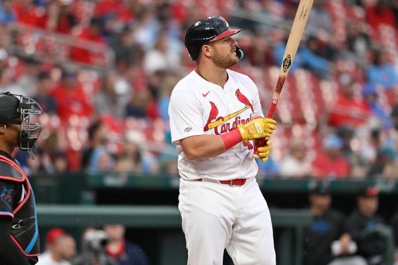 Apr 7, 2024; St. Louis, Missouri, USA; St. Louis Cardinals catcher Pedro Pagés (43) looks on during an at bat against the Miami Marlins during the eighth inning at Busch Stadium. Mandatory Credit: Jeff Le-USA TODAY Sports