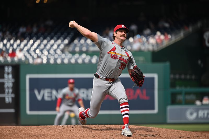 Jul 8, 2024; Washington, District of Columbia, USA; St. Louis Cardinals starting pitcher Miles Mikolas (39) throws a pitch against the Washington Nationals during the first inning at Nationals Park. Mandatory Credit: Rafael Suanes-USA TODAY Sports