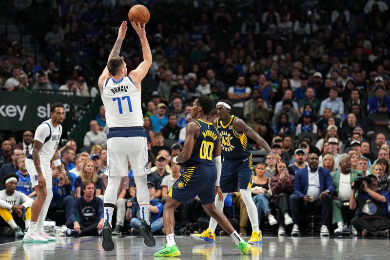 DALLAS, TX - NOVEMBER 4: Luka Doncic #77 of the Dallas Mavericks three point basket during the game against the Indiana Pacers on November 4, 2024 at the American Airlines Center in Dallas, Texas. NOTE TO USER: User expressly acknowledges and agrees that, by downloading and or using this photograph, User is consenting to the terms and conditions of the Getty Images License Agreement. Mandatory Copyright Notice: Copyright 2024 NBAE (Photo by Glenn James/NBAE via Getty Images)