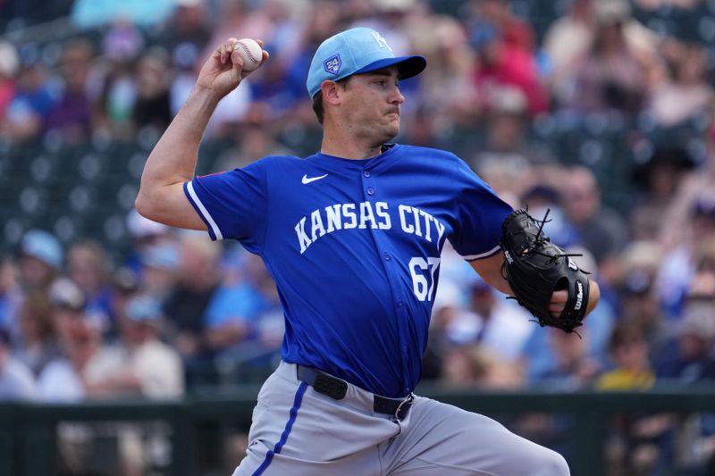 Mar 8, 2024; Surprise, Arizona, USA; Kansas City Royals starting pitcher Seth Lugo (67) pitches against the Texas Rangers during the first inning at Surprise Stadium. Mandatory Credit: Joe Camporeale-USA TODAY Sports