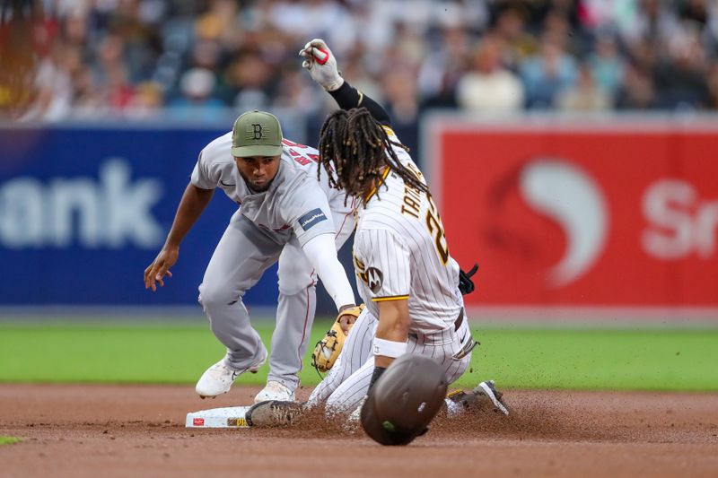 May 19, 2023; San Diego, California, USA; San Diego Padres right fielder Fernando Tatis Jr. (23) is tagged out at second base by Boston Red Sox second baseman Pablo Reyes (19) in the first inning against the Boston Red Sox at Petco Park. Mandatory Credit: David Frerker-USA TODAY Sports