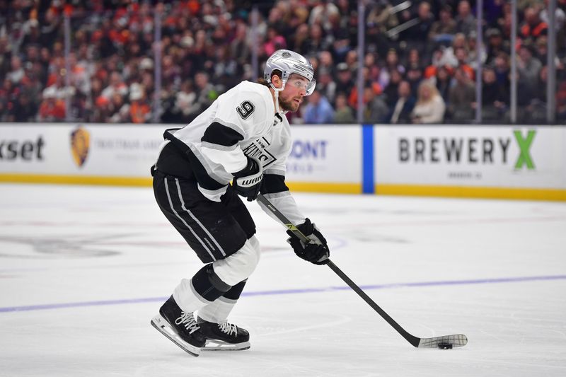 Nov 28, 2025; Anaheim, California, USA; Los Angeles Kings right wing Adrian Kempe (9) moves in for a shot against the Anaheim Ducks during the first period at Honda Center. Mandatory Credit: Gary A. Vasquez-Imagn Images