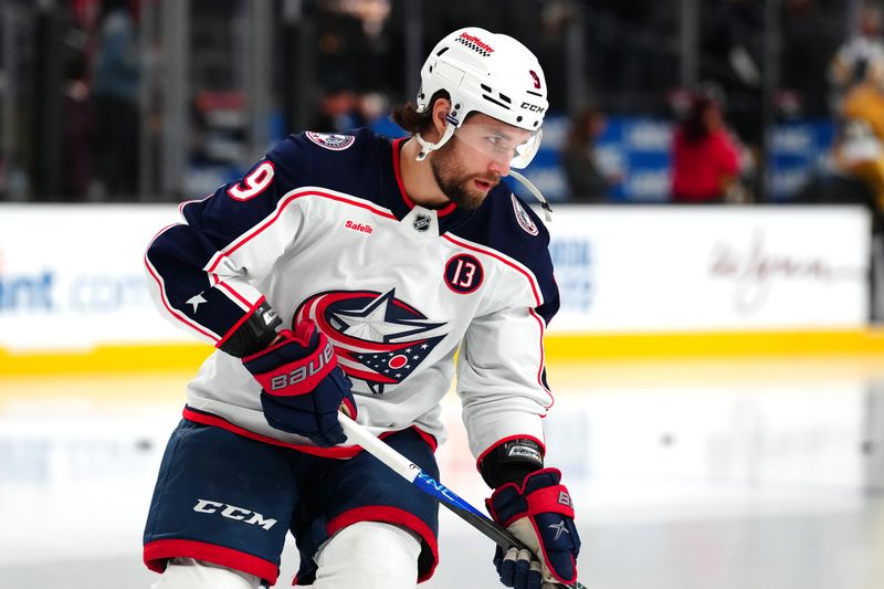 Jan 30, 2025; Las Vegas, Nevada, USA; Columbus Blue Jackets defenseman Ivan Provorov (9) warms up before a game against the Vegas Golden Knights at T-Mobile Arena. Mandatory Credit: Stephen R. Sylvanie-Imagn Images