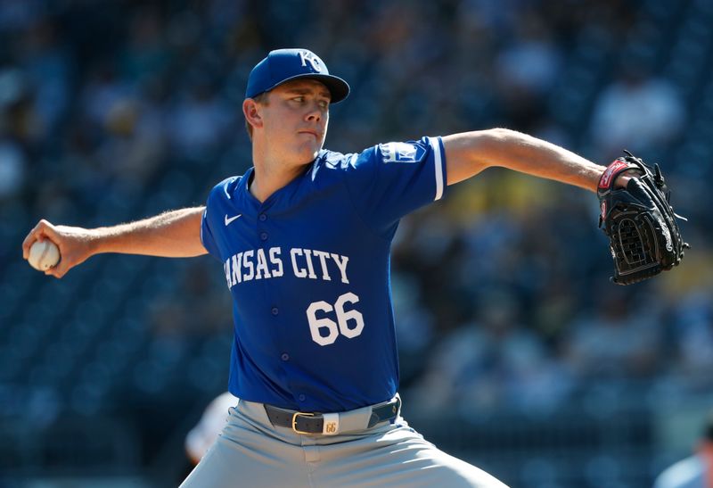 Sep 14, 2024; Pittsburgh, Pennsylvania, USA;  Kansas City Royals relief pitcher James McArthur (66) pitches against the Pittsburgh Pirates during the eighth inning at PNC Park. Mandatory Credit: Charles LeClaire-Imagn Images