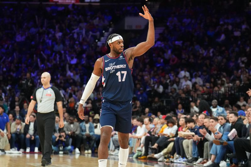 PHILADELPHIA, PA - MARCH 27: Buddy Heild #17 of the Philadelphia 76ers celebrates during the game against the LA Clippers on March 27, 2024 at the Wells Fargo Center in Philadelphia, Pennsylvania NOTE TO USER: User expressly acknowledges and agrees that, by downloading and/or using this Photograph, user is consenting to the terms and conditions of the Getty Images License Agreement. Mandatory Copyright Notice: Copyright 2024 NBAE (Photo by Jesse D. Garrabrant/NBAE via Getty Images)