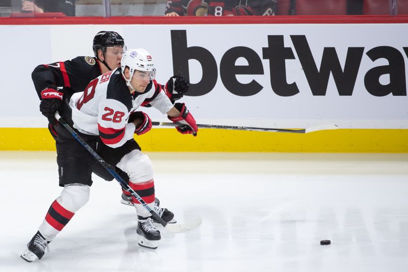 Apr 6, 2024; Ottawa, Ontario, CAN; Ottawa Senators left wwing Brady Tkachuk (7) battles with New Jersey Devils right wing Timo Meier (28) in the third period at the Canadian Tire Centre. Mandatory Credit: Marc DesRosiers-USA TODAY Sports