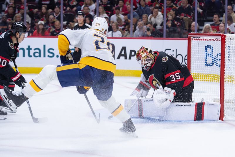 Oct 13, 2025; Ottawa, Ontario, CAN; Ottawa Senators goalie Linus Ullmark (35) makes a save on a shot from Nashville Predators defenseman Justin Barron (20) in the second period at the Canadian Tire Centre. Mandatory Credit: Marc DesRosiers-IMAGN Images