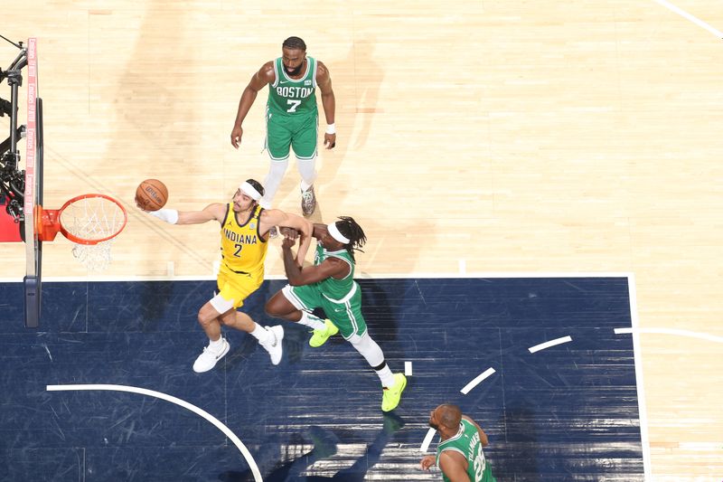 INDIANAPOLIS, IN - MAY 25: Andrew Nembhard #2 of the Indiana Pacers drives to the basket during the game against the Boston Celtics during Game 3 of the Eastern Conference Finals of the 2024 NBA Playoffs on May 25, 2024 at Gainbridge Fieldhouse in Indianapolis, Indiana. NOTE TO USER: User expressly acknowledges and agrees that, by downloading and or using this Photograph, user is consenting to the terms and conditions of the Getty Images License Agreement. Mandatory Copyright Notice: Copyright 2024 NBAE (Photo by Nathaniel S. Butler/NBAE via Getty Images)