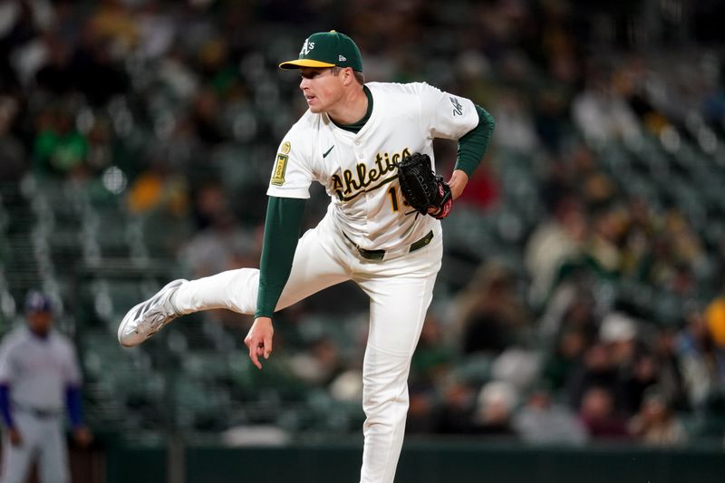 Apr 23, 2025; West Sacramento, California, USA; Athletics pitcher Mason Miller (19) follows through on a pitch against the Texas Rangers in the ninth inning at Sutter Health Park. Mandatory Credit: Cary Edmondson-Imagn Images