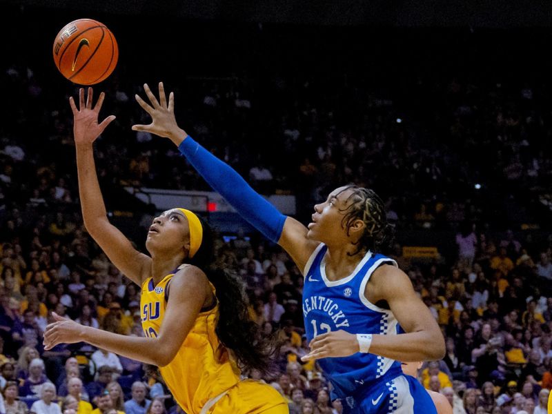 Mar 3, 2024; Baton Rouge, Louisiana, USA; LSU Lady Tigers forward Angel Reese (10) shoots against Kentucky Wildcats forward Ajae Petty (13) during the first half at Pete Maravich Assembly Center. Mandatory Credit: Matthew Hinton-USA TODAY Sports