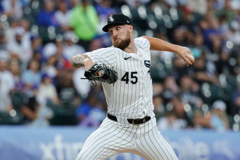 Aug 9, 2024; Chicago, Illinois, USA; Chicago White Sox starting pitcher Garrett Crochet (45) delivers a pitch against the Chicago Cubs during the first inning at Guaranteed Rate Field. Mandatory Credit: Kamil Krzaczynski-USA TODAY Sports