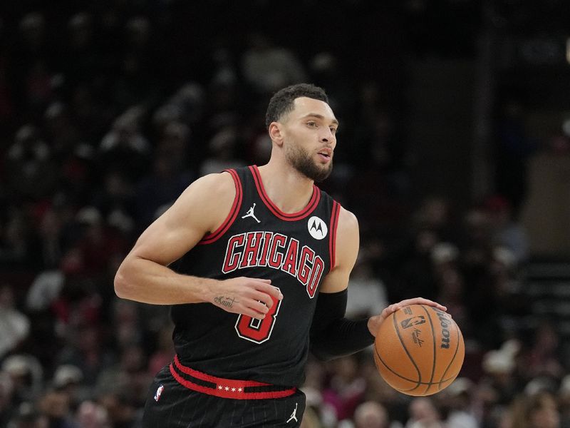 CHICAGO, ILLINOIS - DECEMBER 06: Zach LaVine #8 of the Chicago Bulls dribbles the ball against the Indiana Pacers during the first quarter of a game at the United Center on December 06, 2024 in Chicago, Illinois. NOTE TO USER: User expressly acknowledges and agrees that, by downloading and or using this photograph, User is consenting to the terms and conditions of the Getty Images License Agreement. (Photo by Patrick McDermott/Getty Images)