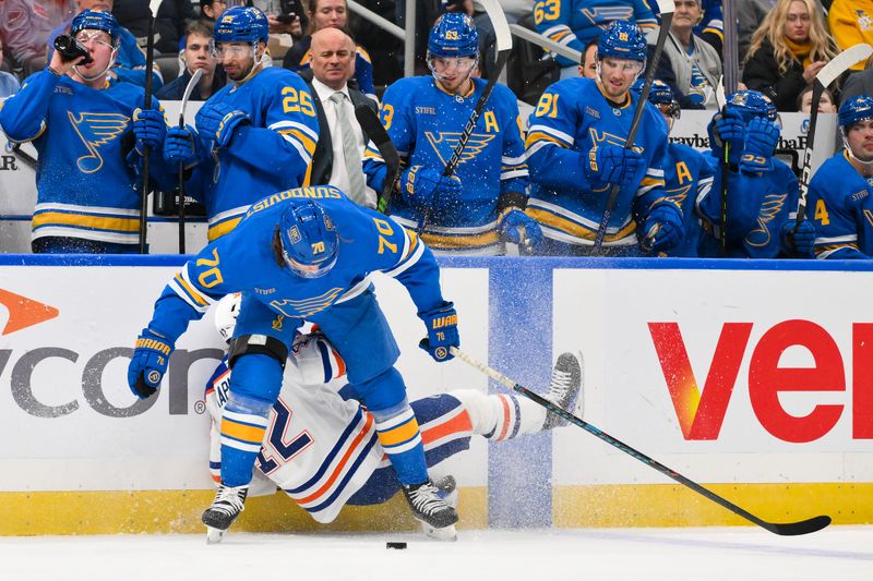 Mar 13, 2026; St. Louis, Missouri, USA; St. Louis Blues center Oskar Sundqvist (70) checks Edmonton Oilers right wing Kasperi Kapanen (42) during the second period at Enterprise Center. Mandatory Credit: Jeff Curry-Imagn Images