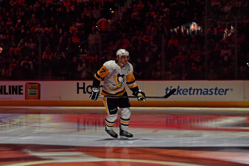 Jan 8, 2024; Philadelphia, Pennsylvania, USA; Pittsburgh Penguins center Sidney Crosby (87) skates before game against the Philadelphia Flyers during the first period at Wells Fargo Center. Mandatory Credit: Eric Hartline-USA TODAY Sports