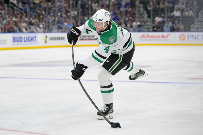 Oct 18, 2025; St. Louis, Missouri, USA; Dallas Stars defenseman Miro Heiskanen (4) takes a shot against St. Louis Blues during the third period at Enterprise Center. Mandatory Credit: Jeff Le-Imagn Images