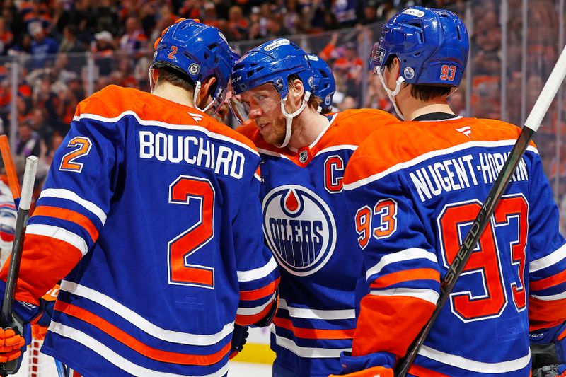 Nov 23, 2024; Edmonton, Alberta, CAN;  Edmonton Oilers forward Connor McDavid (97) celebrates after scoring a goal during the third period against the New York Rangers at Rogers Place. Mandatory Credit: Perry Nelson-Imagn Images