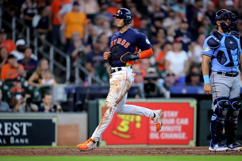 Jul 30, 2023; Houston, Texas, USA; Houston Astros shortstop Jeremy Pena (3) scores a run against the Tampa Bay Rays during the fifth inning at Minute Maid Park. Mandatory Credit: Erik Williams-USA TODAY Sports