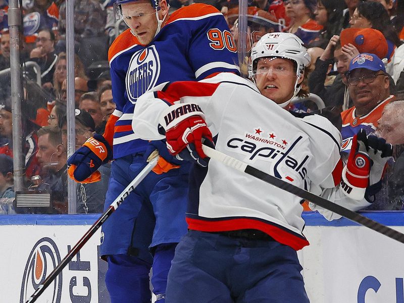 Mar 13, 2024; Edmonton, Alberta, CAN; Edmonton Oilers forward Corey Perry (90) tries to hit Washington Capitals forward Connor McMichael (24) during the first period at Rogers Place. Mandatory Credit: Perry Nelson-USA TODAY Sports