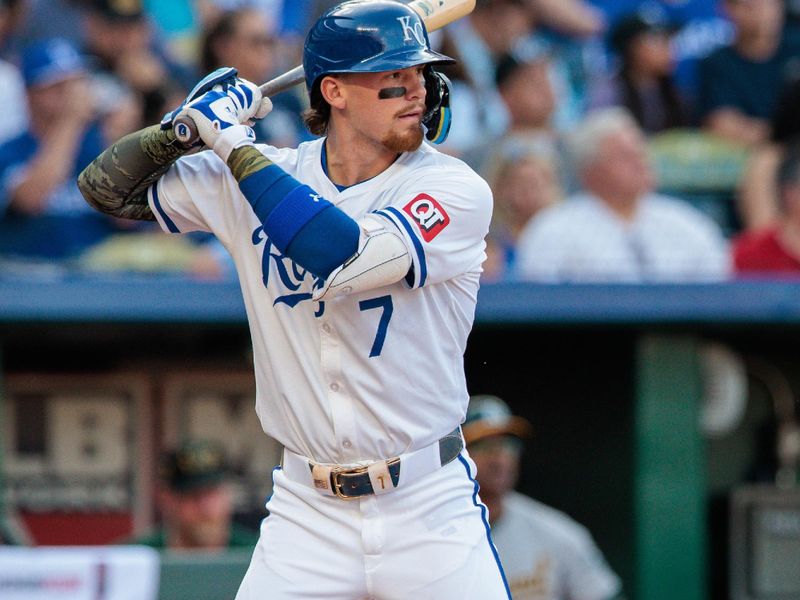 May 18, 2024; Kansas City, Missouri, USA; Kansas City Royals shortstop Bobby Witt Jr. (7) at bat during the first inning against the Oakland Athletics at Kauffman Stadium. Mandatory Credit: William Purnell-USA TODAY Sports