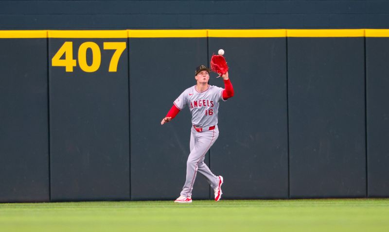 May 19, 2024; Arlington, Texas, USA; Los Angeles Angels outfielder Mickey Moniak (16) catches a fly ball during the second inning against the Texas Rangers at Globe Life Field. Mandatory Credit: Kevin Jairaj-USA TODAY Sports