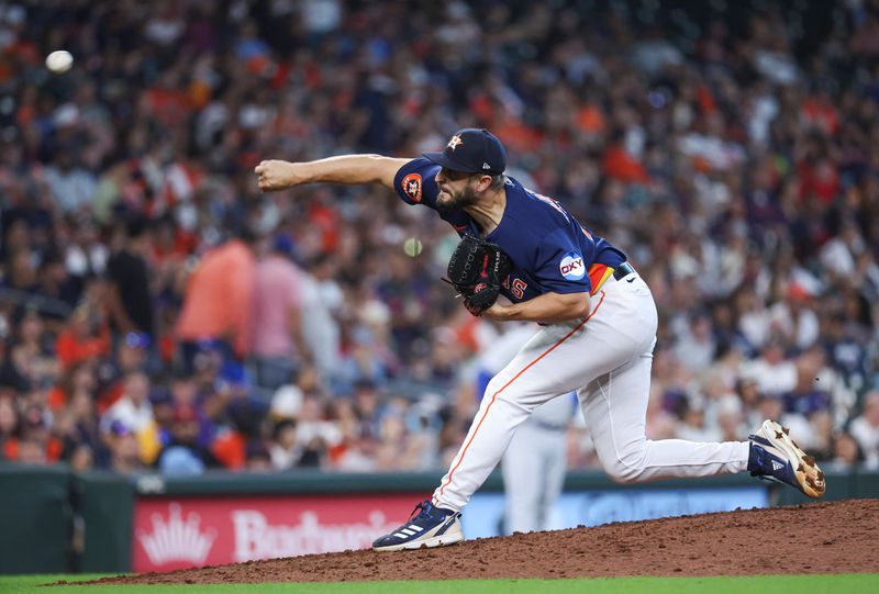 Sep 24, 2023; Houston, Texas, USA; Houston Astros relief pitcher Kendall Graveman (31) delivers a pitch during the seventh inning against the Kansas City Royals at Minute Maid Park. Mandatory Credit: Troy Taormina-USA TODAY Sports