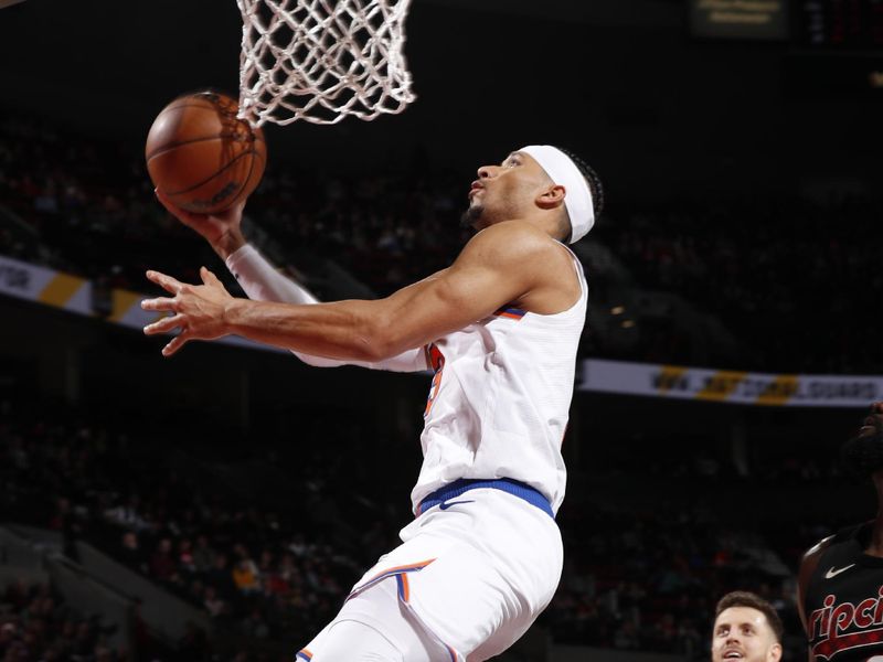 PORTLAND, OR - MARCH 14: Josh Hart #3 of the New York Knicks drives to the basket during the game against the Portland Trail Blazers on March 14, 2024 at the Moda Center Arena in Portland, Oregon. NOTE TO USER: User expressly acknowledges and agrees that, by downloading and or using this photograph, user is consenting to the terms and conditions of the Getty Images License Agreement. Mandatory Copyright Notice: Copyright 2024 NBAE (Photo by Cameron Browne/NBAE via Getty Images)