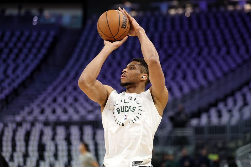 MILWAUKEE, WISCONSIN - APRIL 27: Milwaukee Bucks forward Giannis Antetokounmpo #34 warms up before Game Four of the Eastern Conference First Round NBA Playoffs against the Indiana Pacers at Fiserv Forum on April 27, 2025 in Milwaukee, Wisconsin. NOTE TO USER: User expressly acknowledges and agrees that, by downloading and or using this photograph, User is consenting to the terms and conditions of the Getty Images License Agreement. (Photo by Stacy Revere/Getty Images)