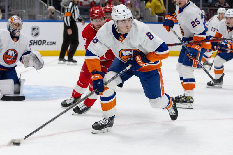 Oct 30, 2023; Elmont, New York, USA; New York Islanders defenseman Noah Dobson (8) controls the puck against the Detroit Red Wings during the third period at UBS Arena. Mandatory Credit: Thomas Salus-USA TODAY Sports