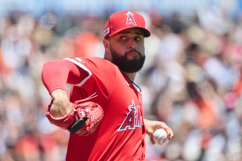 Jun 15, 2024; San Francisco, California, USA; Los Angeles Angels starting pitcher Patrick Sandoval (43) throws a pitch against the San Francisco Giants during the first inning at Oracle Park. Mandatory Credit: Robert Edwards-USA TODAY Sports