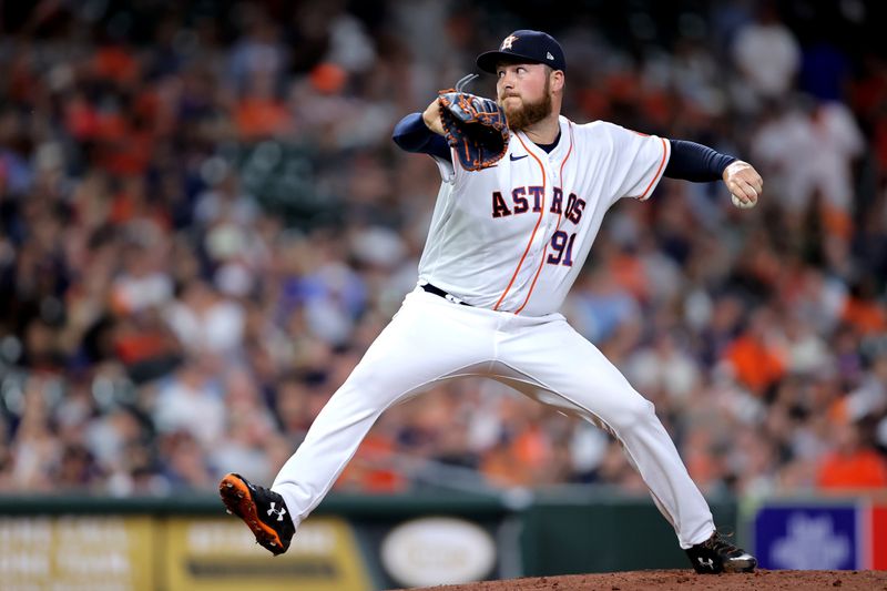 May 2, 2023; Houston, Texas, USA; Houston Astros starting pitcher Matt Gage (91) delivers a pitch against the San Francisco Giants during the fifth inning at Minute Maid Park. Mandatory Credit: Erik Williams-USA TODAY Sports