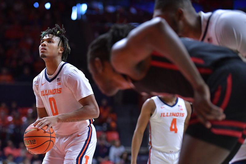 Jan 21, 2024; Champaign, Illinois, USA; Illinois Fighting Illini guard Terrence Shannon Jr. (0) stands at the free throw line during the first half against the Rutgers Scarlet Knights at State Farm Center. Mandatory Credit: Ron Johnson-USA TODAY Sports