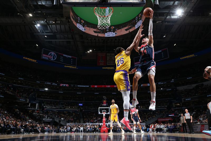 WASHINGTON, DC -? APRIL 3: Corey Kispert #24 of the Washington Wizards shoots the ball during the game against the Los Angeles Lakers on April 3, 2024 at Capital One Arena in Washington, DC. NOTE TO USER: User expressly acknowledges and agrees that, by downloading and or using this Photograph, user is consenting to the terms and conditions of the Getty Images License Agreement. Mandatory Copyright Notice: Copyright 2024 NBAE (Photo by Stephen Gosling/NBAE via Getty Images)