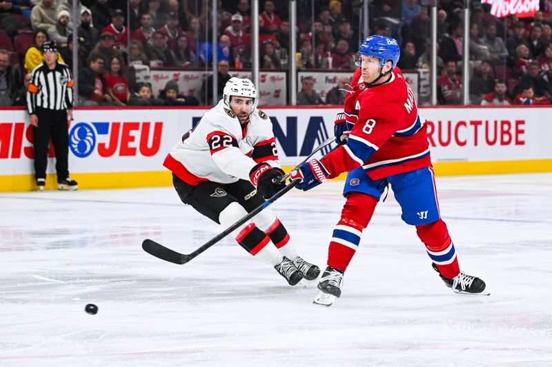 Dec 2, 2025; Montreal, Quebec, CAN; Montreal Canadiens defenseman Mike Matheson (8) shoots the puck against Ottawa Senators right wing Michael Amadio (22) during the second period at Bell Centre. Mandatory Credit: David Kirouac-Imagn Images