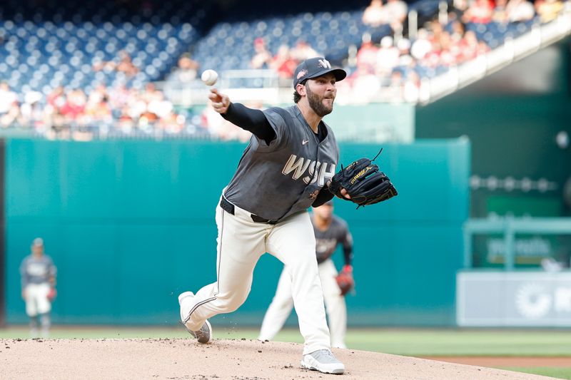 May 7, 2024; Washington, District of Columbia, USA; Washington Nationals starting pitcher Trevor Williams (32) pitches against the Baltimore Orioles during the first inning at Nationals Park. Mandatory Credit: Geoff Burke-USA TODAY Sports