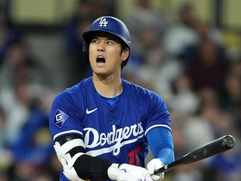 Mar 25, 2024; Los Angeles, California, USA; Los Angeles Dodgers designated hitter Shohei Ohtani (17) bats in the fourth inning against the Los Angeles Angels at Dodger Stadium. Mandatory Credit: Kirby Lee-USA TODAY Sports