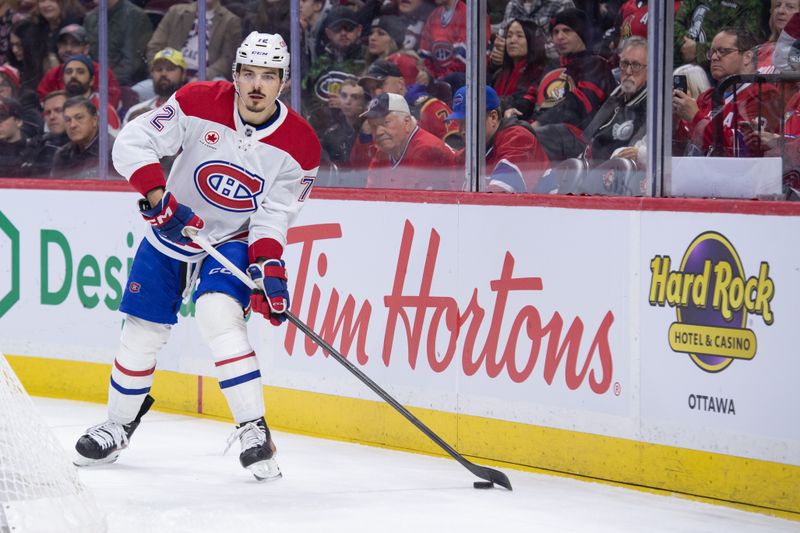 Jan 17, 2026; Ottawa, Ontario, CAN; Montreal Canadiens defenseman Arber Xhekaj (72) controls the puck in the first period against the Ottawa Senators at the Canadian Tire Centre. Mandatory Credit: Marc DesRosiers-IMAGN Images