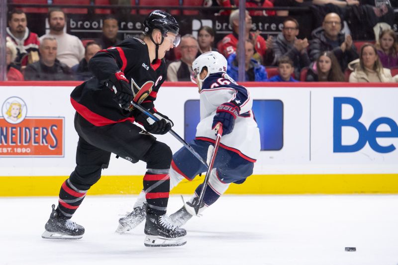 Feb 13, 2024; Ottawa, Ontario, CAN; Ottawa Senators left wing Brady Tkachuk (7) moves the puck past Columbus Blue Jackets center Jack Roslovic (96) in the second period at the Canadian Tire Centre. Mandatory Credit: Marc DesRosiers-USA TODAY Sports