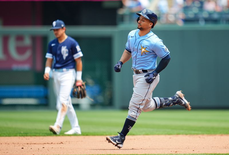 Jul 15, 2023; Kansas City, Missouri, USA; Tampa Bay Rays catcher Francisco Mejia (21) rounds the bases after hitting a home run against the Kansas City Royals during the fifth inning at Kauffman Stadium. Mandatory Credit: Jay Biggerstaff-USA TODAY Sports