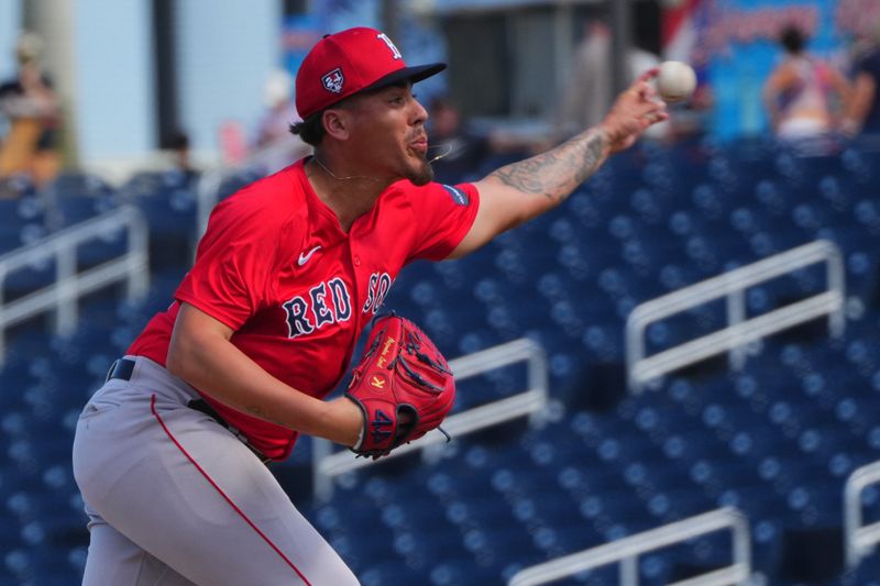 Feb 28, 2024; West Palm Beach, Florida, USA;  Boston Red Sox pitcher Jorge Benitez pitches in the fifth inning against the Washington Nationals at The Ballpark of the Palm Beaches. Mandatory Credit: Jim Rassol-USA TODAY Sports