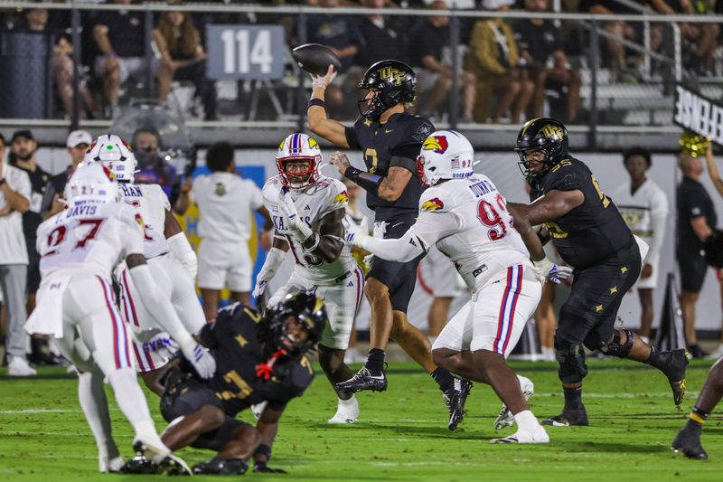 Oct 4, 2025; Orlando, Florida, USA; UCF Knights quarterback Tayven Jackson (2) throws a pass during the first quarter against the Kansas Jayhawks at FBC Mortgage Stadium. Mandatory Credit: Mike Watters-Imagn Images
