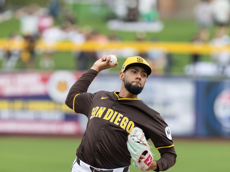 Mar 5, 2025; Peoria, Arizona, USA; San Diego Padres pitcher Robert Suarez against the Colorado Rockies during a spring training game at Peoria Sports Complex. Mandatory Credit: Mark J. Rebilas-Imagn Images