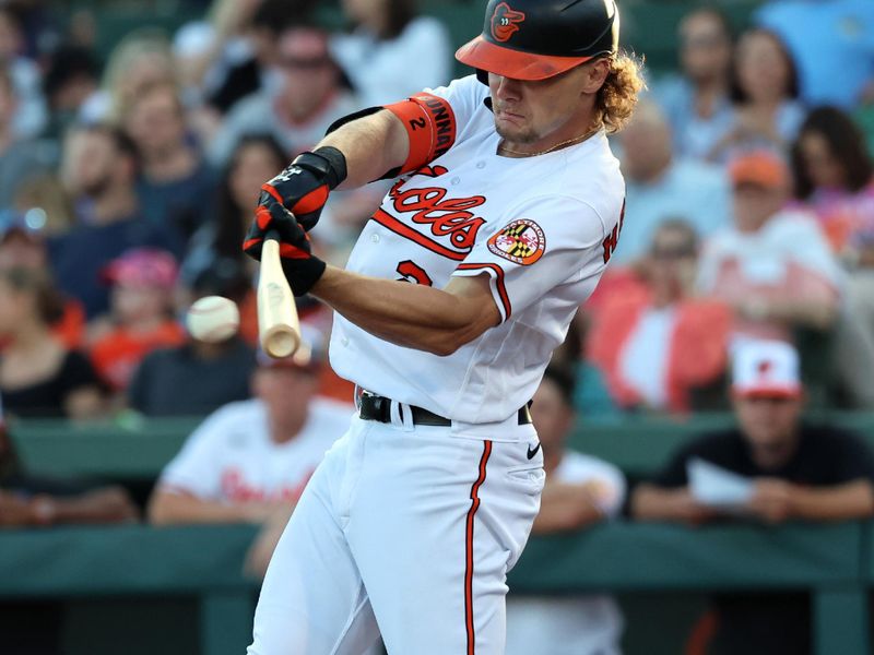 Mar 24, 2023; Sarasota, Florida, USA;  Baltimore Orioles third baseman Gunnar Henderson (2)  hits a RBI single against the New York Yankees during the third inning at Ed Smith Stadium. Mandatory Credit: Kim Klement-USA TODAY Sports