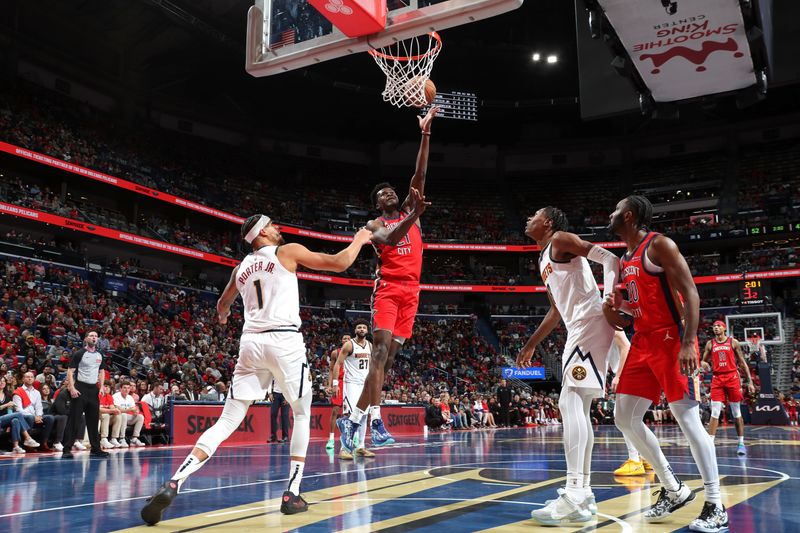 NEW ORLEANS, LA - NOVEMBER 15: Yves Missi #21 of the New Orleans Pelicans shoots the ball during the game against the Denver Nuggets during the Emirates NBA Cup game on November 15, 2024 at the Smoothie King Center in New Orleans, Louisiana. NOTE TO USER: User expressly acknowledges and agrees that, by downloading and or using this Photograph, user is consenting to the terms and conditions of the Getty Images License Agreement. Mandatory Copyright Notice: Copyright 2024 NBAE (Photo by Layne Murdoch Jr./NBAE via Getty Images)