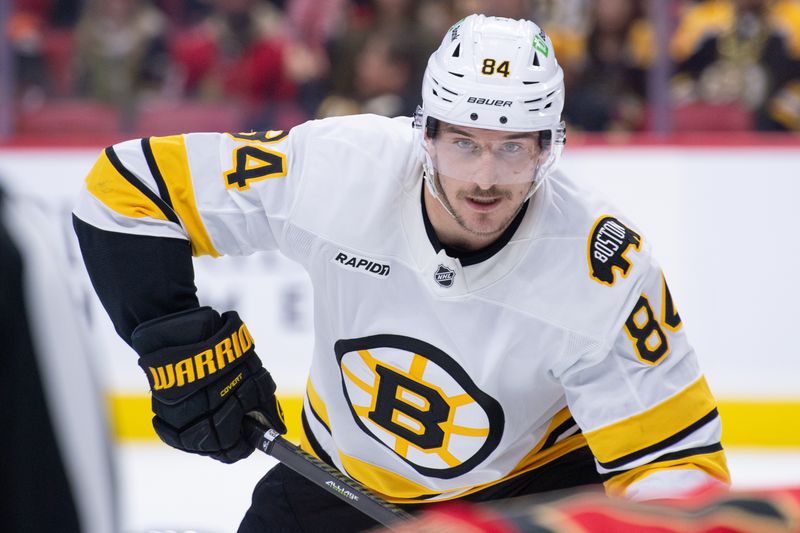 Oct 27, 2025; Ottawa, Ontario, CAN; Boston Bruins left wing Tanner Jeannot (84) gets in position for a faceoff in the second period against the Ottawa Senators at the Canadian Tire Centre. Mandatory Credit: Marc DesRosiers-IMAGN Images