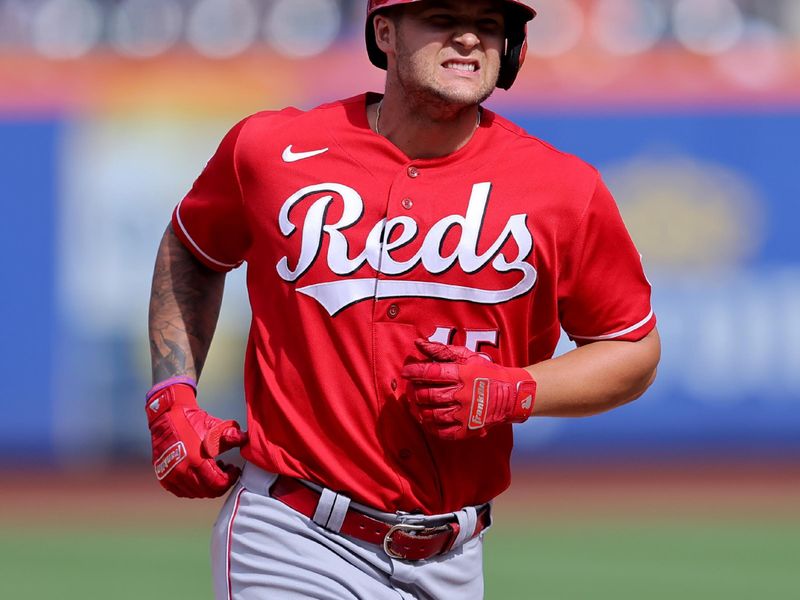 Sep 17, 2023; New York City, New York, USA; Cincinnati Reds left fielder Nick Senzel (15) rounds the bases after hitting a solo home run against the New York Mets during the fifth inning at Citi Field. Mandatory Credit: Brad Penner-USA TODAY Sports